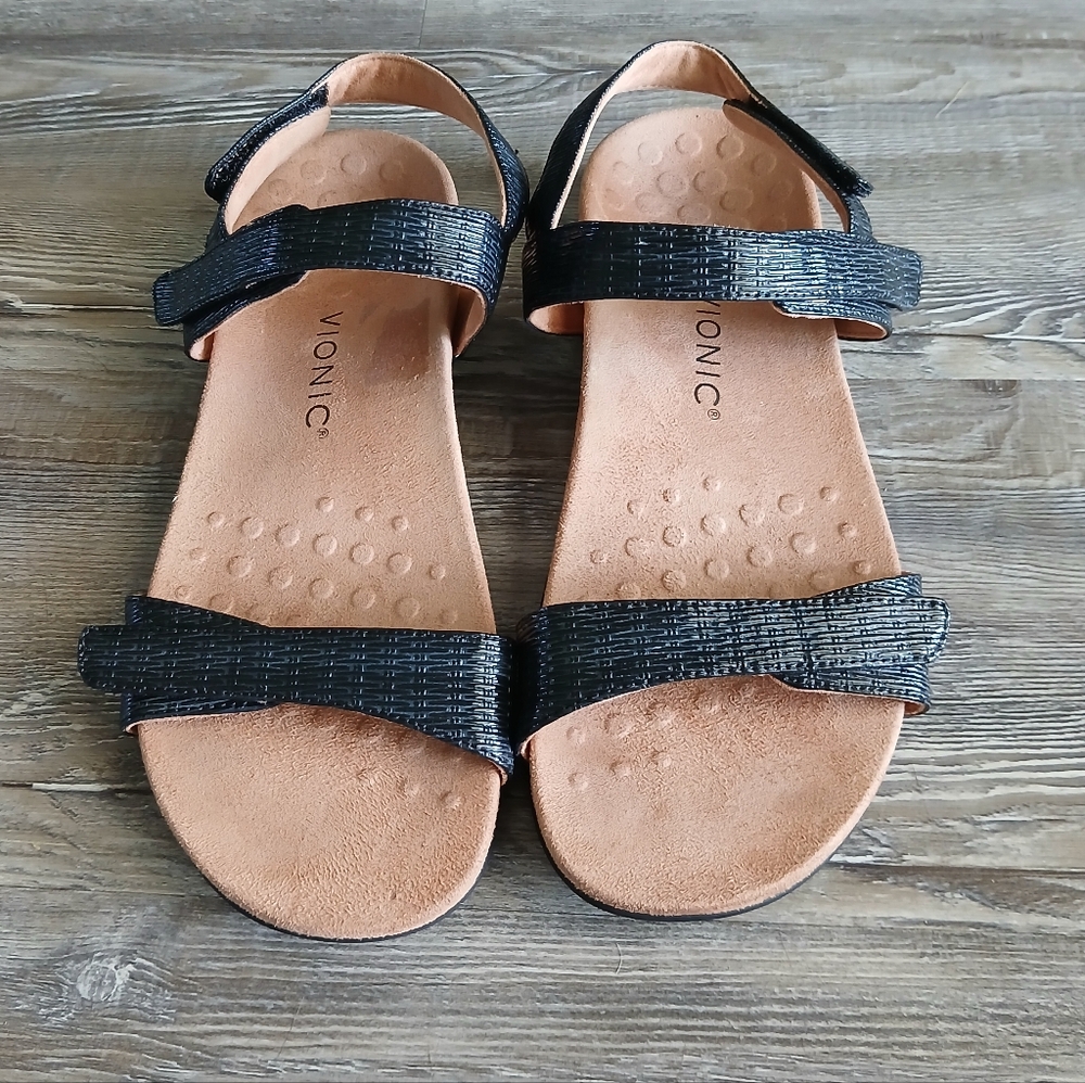 Vionic Farra II Strappy Sling Back Velcro Adjustable Flat Sandal Black Ladies 10 - Picture 2 of 9